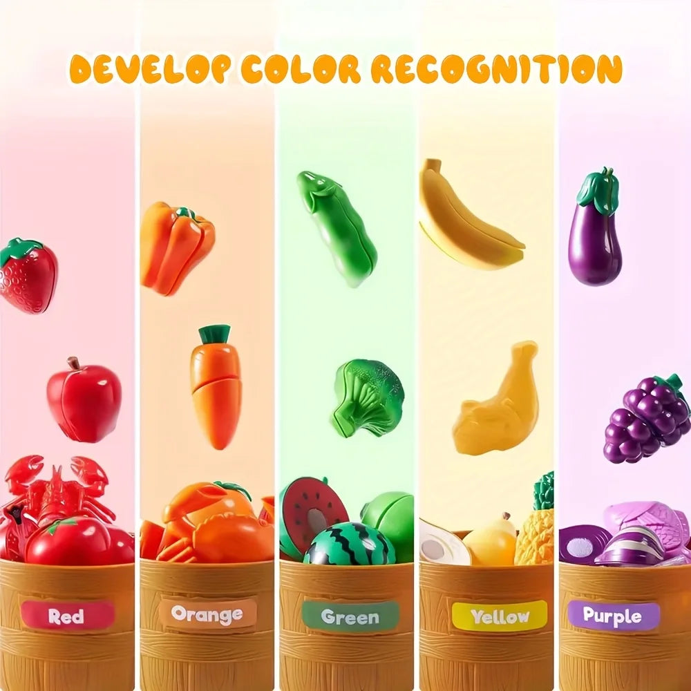 Learning Toys Food Play Set for Toddlers Cutting Fruit & Vegetables Pretend Play Kitchen Color Sorting Toy for Kids Boys Girls