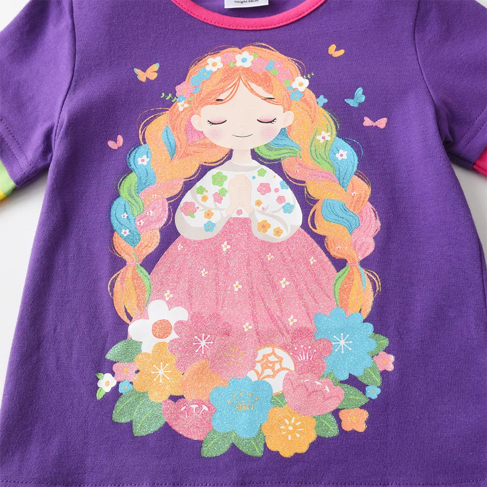 VIKITA Girls Flower Doll Print T Shirt Kids Purple Long Sleeve Rainbow Striped Cotton Casual Tops and Tees Kids Daily Costumes