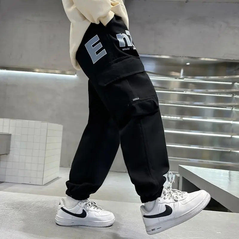 Boys Cargo Pants Spring Autumn Fleece-Lined Kids Casual Loose Long Pants Stylish Warmth Outdoor Playwear
