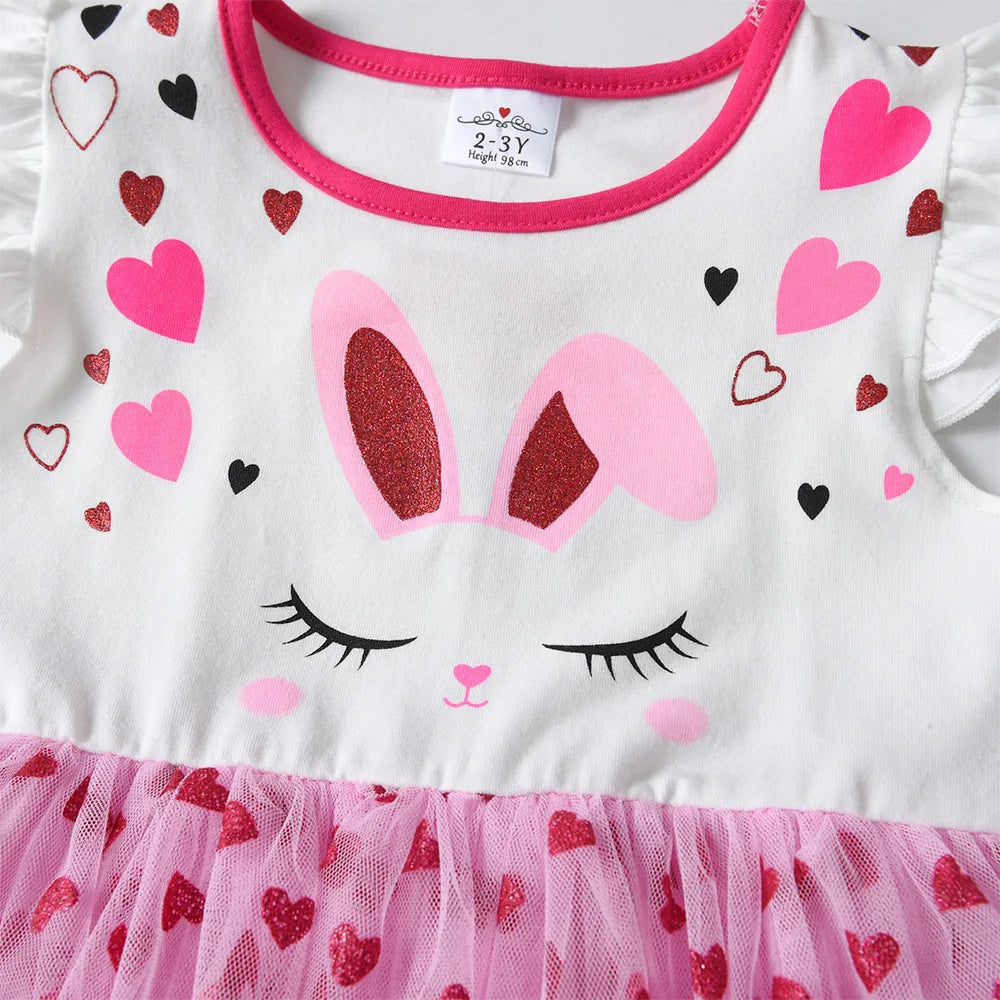 VIKITA Kids Rabbit Cartoon Print Dress Kids Heart Shape Dresses Girls Summer Flare Sleeve Vestidos Girls Layered Princess Dress