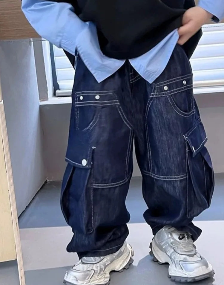 2025 New Boys' Solid Color Jeans - Loose Fit Straight Leg Kids' Long Pants with Pockets, Trendy & Stylish Denim for Active Boys