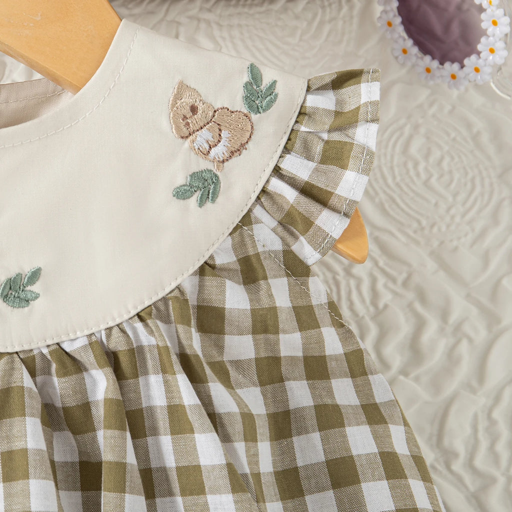 Summer New Cute Squirrel Embroidered Baby Girl Dress, Casual Style Checkered Small Flying Sleeve Children'S Clothing (0-4 Years)