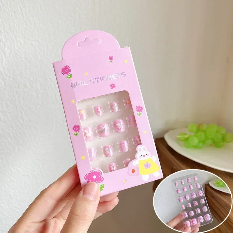 24PCS Children False Nails Kids Girls Press on Short Artificial Fake Nails Cute Pre Glue Full Cover Acrylic Nail Tip Kit