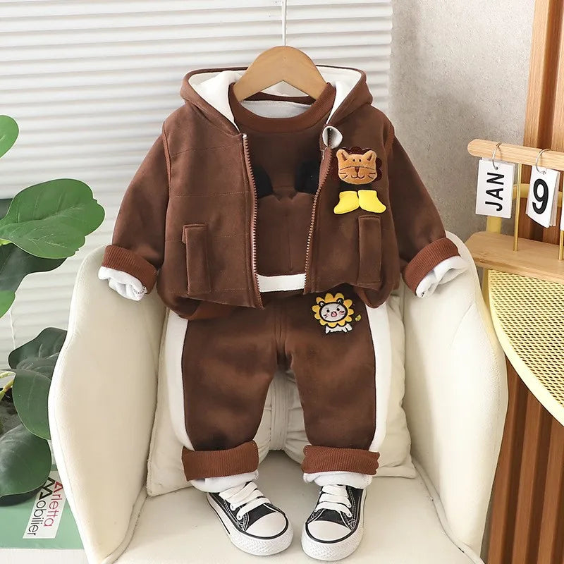 Baby Boys Clothing Set Autumn Winter Cartoon Lion Fleece Thick Hooded Jacket Coat Pants 3Pc Suit for 1-4 Years Kids Warm Outfits