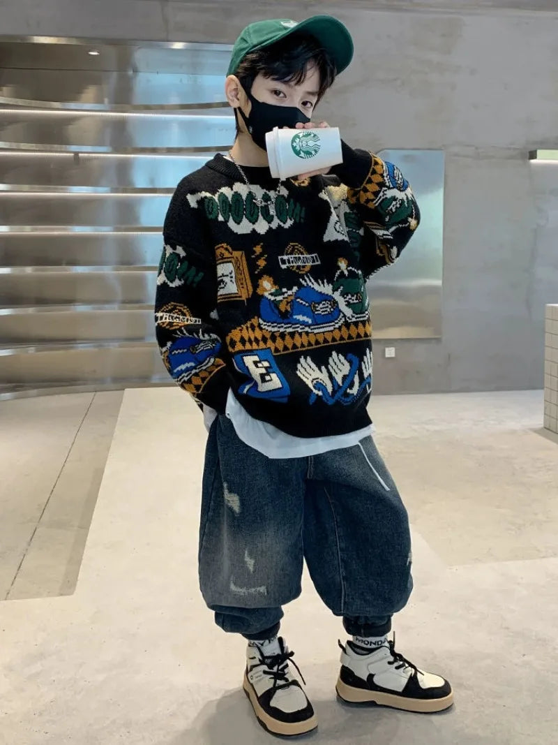 2025 New Boys' Autumn/Winter Fleece-Lined Thickened Pullover Knit Sweater - Warm Base Layer for Kids, Trendy & Cozy Design