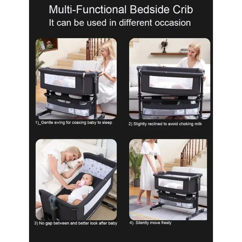 Portable Baby Crib Convertible Bassinet Multi-Functional Foldable Travel Bed with Wheels for Nursery Room Newborns Toddlers