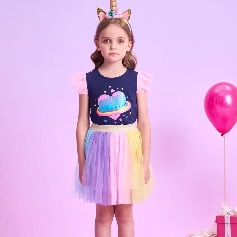 VIKITA Girls Summer Clothing Sets Kids Flare Sleeve Heart Cotton Tops Tees and Rainbow Mesh Tulle Skirts 2 Pcs Children Clothes