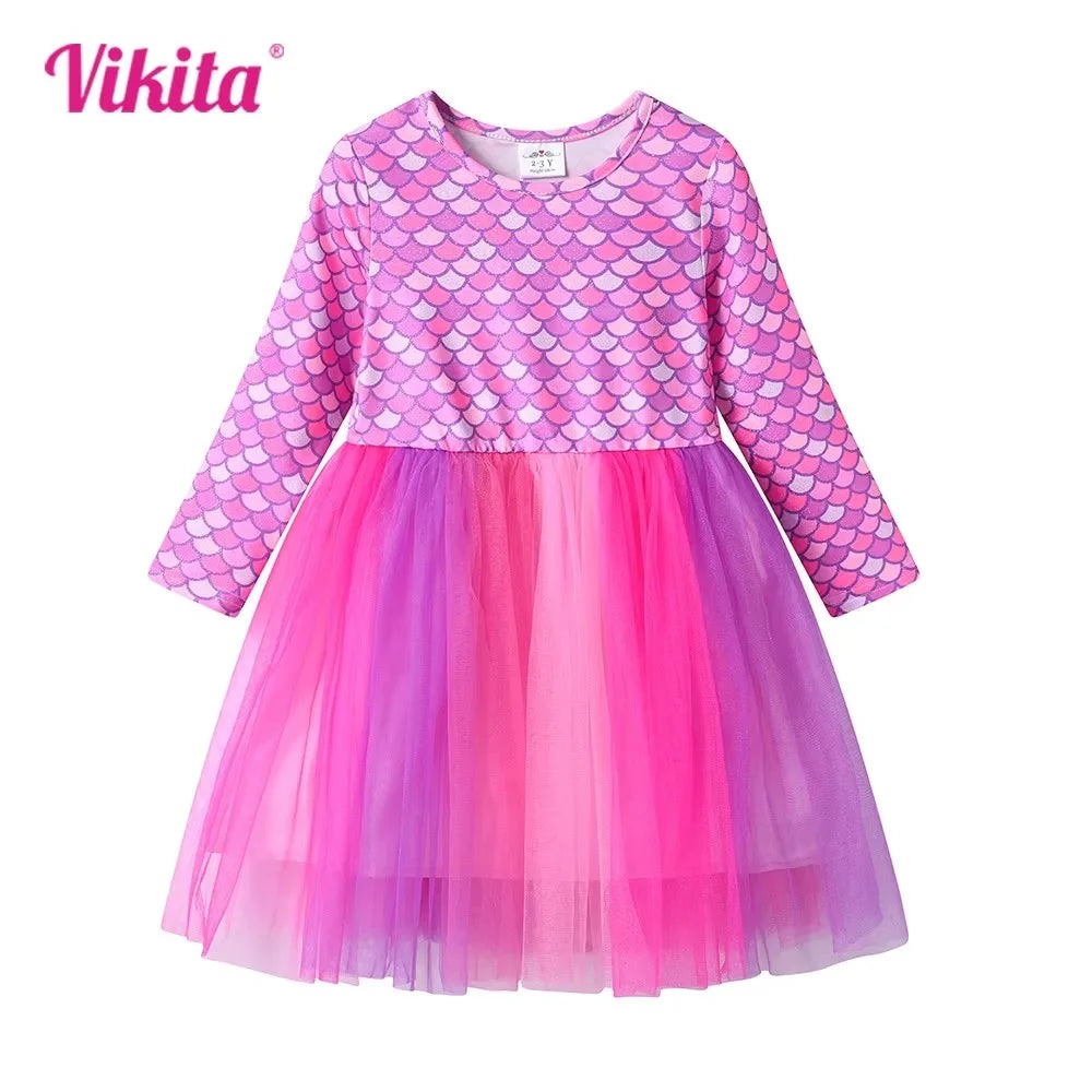 VIKITA Kinderkleidung Meerjungfrauen-Print Polyester Langarm Urlaubskleid Rosa Mädchen Buntes Netz Tüll Prinzessinnenkleid