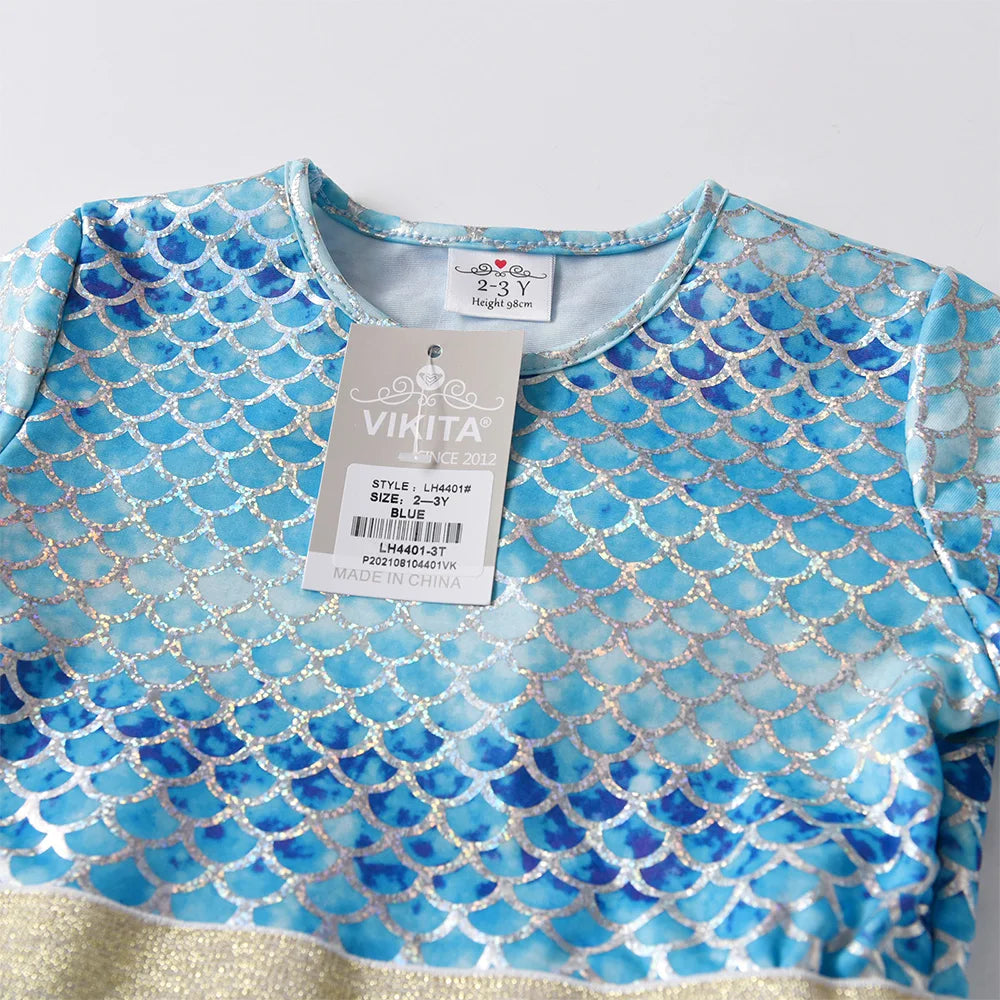 VIKITA Girls Blue Mermaid Print Tutu Dresses Kids Beach Vacation Birthday Party Gradient Princess Mesh Tulle Frocks 8 Years Old