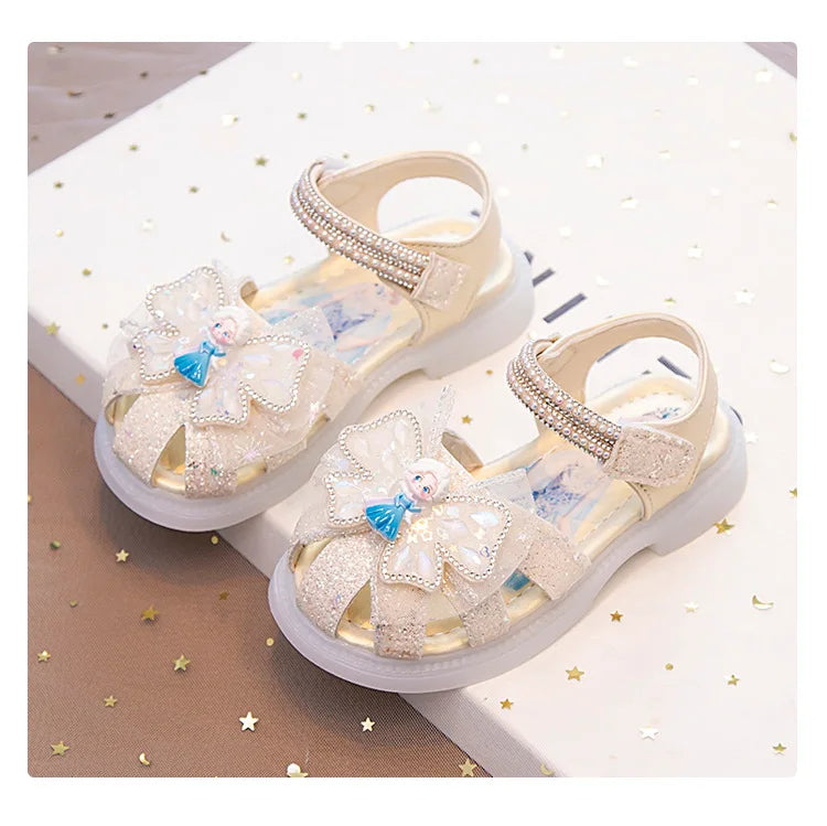 Kids'Sandalsl Led Light Elsa Princess Frozen PU Leather Sequin Pearl Summer Shoes Anti-slip Breathable Pink Blue Size 22-32