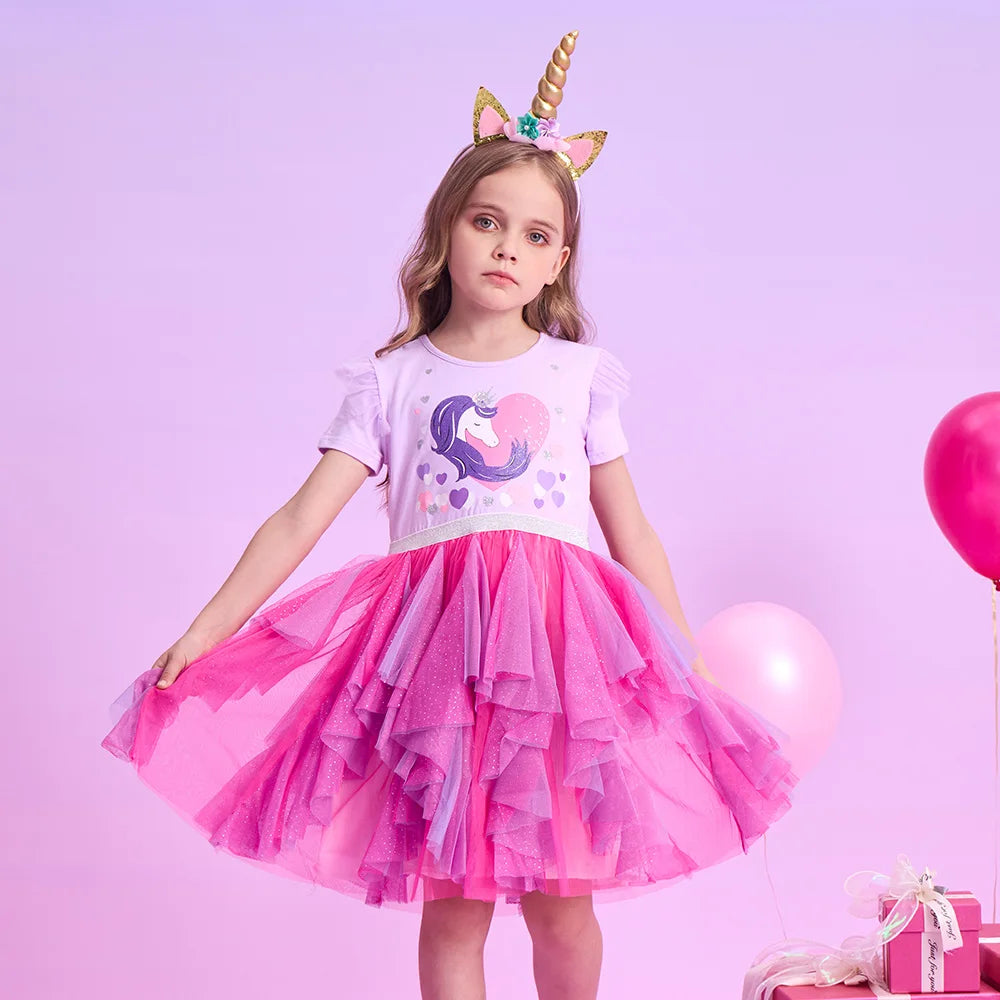 VIKITA Kids Short Sleeve Summer Dress Girls Unicorn Heart Design Dresses Kids Mesh Tulle Layered Cake Irregular Tutu Dresses