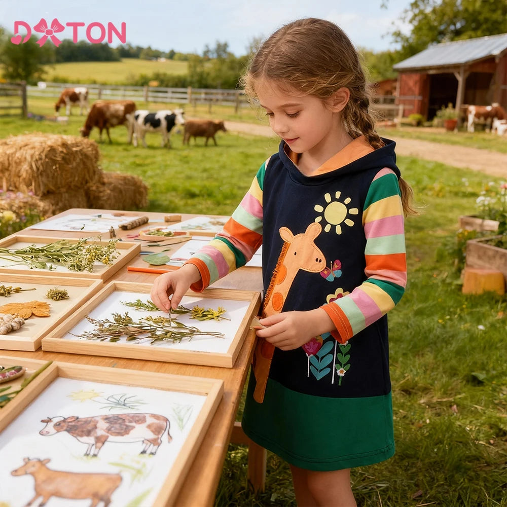 DXTON Girls Sporty Hooded Dress Rainbow Striped Children Dress Floral Giraffe Applique Animal  Winter Baby Toddler Casual Dress