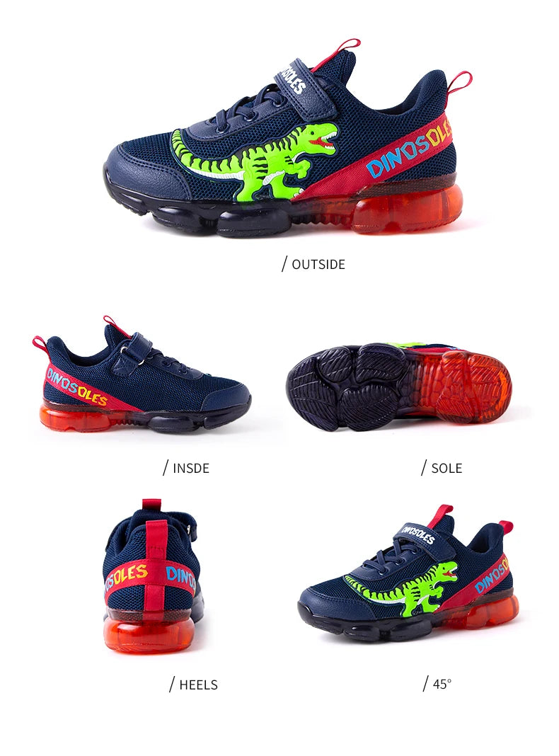 EXDINO T-REX LED 2-9Y Boys Spring Autumn Mesh Tennis Shoes Glowing Children's Kids Flashing Jelly Sole Light Up Casual Sneakers