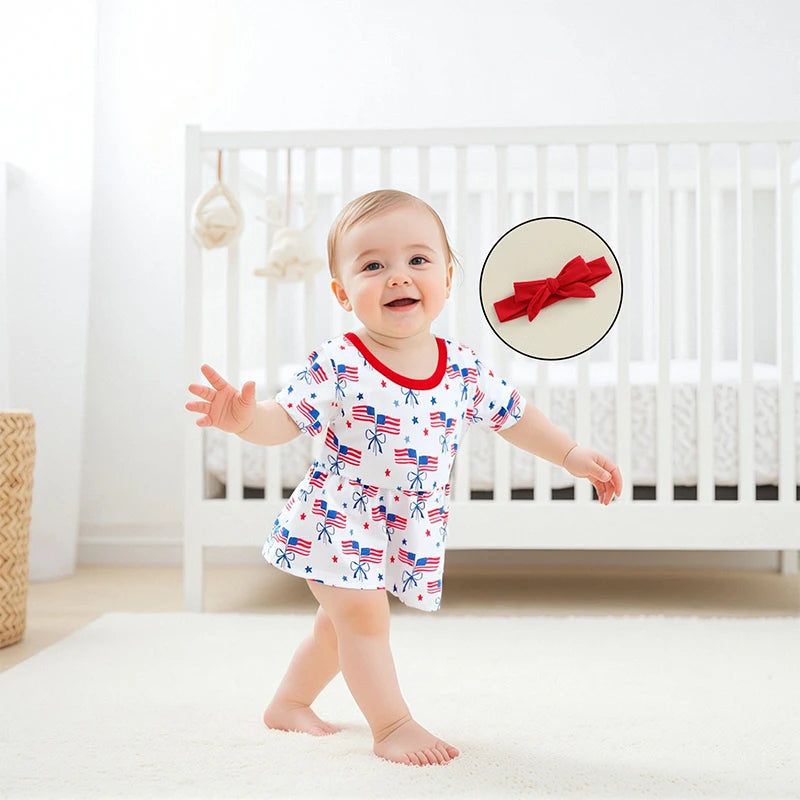 Infant Girls Patriotic Romper Dress with Bow Headband American Flag Print Short Sleeve Summer Outfit Jumpsuit for Independence