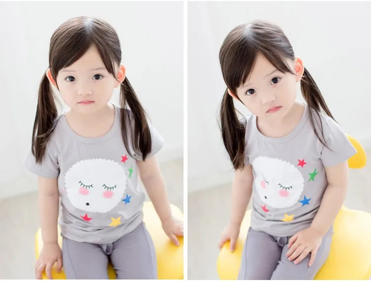 2025 Summer 2 3 4 6 8 10 Years Children Cotton Cartoon Star Bird Cat Rabbit Animal Print Short-Sleeve T-Shirt For Kids Baby Girl