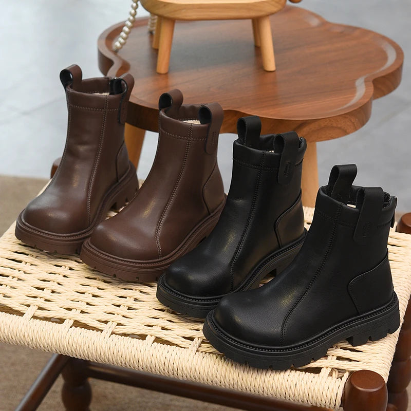 Girls' short boots, genuine leather, children's cotton boots, soft soled leather boots, children's shoes, 2025 autumn and winter