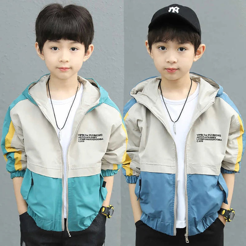New Handsome Teenager Boys Hoodies Fashion Splicing Style Coat For Kids 3-12 Years Children Windbreaker Jacket