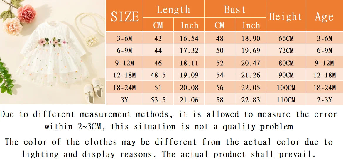 Spring And Autumn New Floral Chiffon Baby Girl Princess Dress, White Long Sleeved Children'S Clothing For Babies Aged 0-3 Years