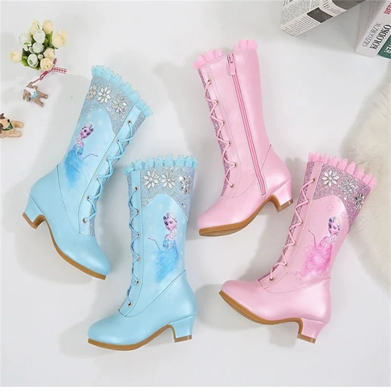 Disney Girls High Heel Boots Winter Children's Long Sleeved Plush Snow Warm Boots Princess Elsa Pink Blue Boots Size 27-37