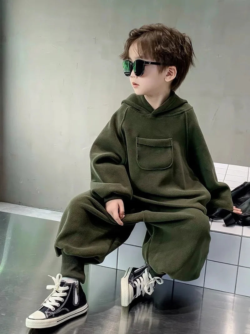 2025 New Boys' Cool-Style Autumn-Winter Polar Fleece Two-Piece Outfit