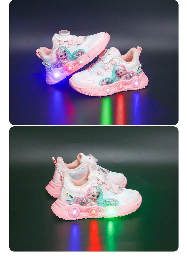 Disney LED Casual Sneakers Pink Purple For Summer Girls Frozen Elsa Princess Print Outdoor Shoes Children Lighted Non-slip Shoes