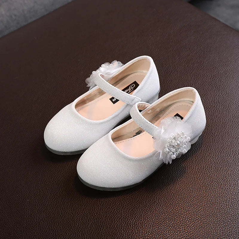 Korean Style Fashion Kids Beaded Little Flowers Leather Shoes Girls Princess Shoes Children Crystal Soft Bottom Dancing Shoes