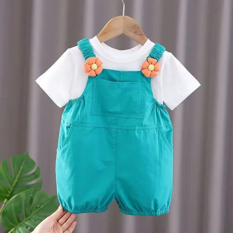 New Summer Baby Clothes Suit Children Girls Cute Short Sleeved T-Shirt Overalls 2Pcs/Sets Toddler Casual Costume Kids Tracksuits