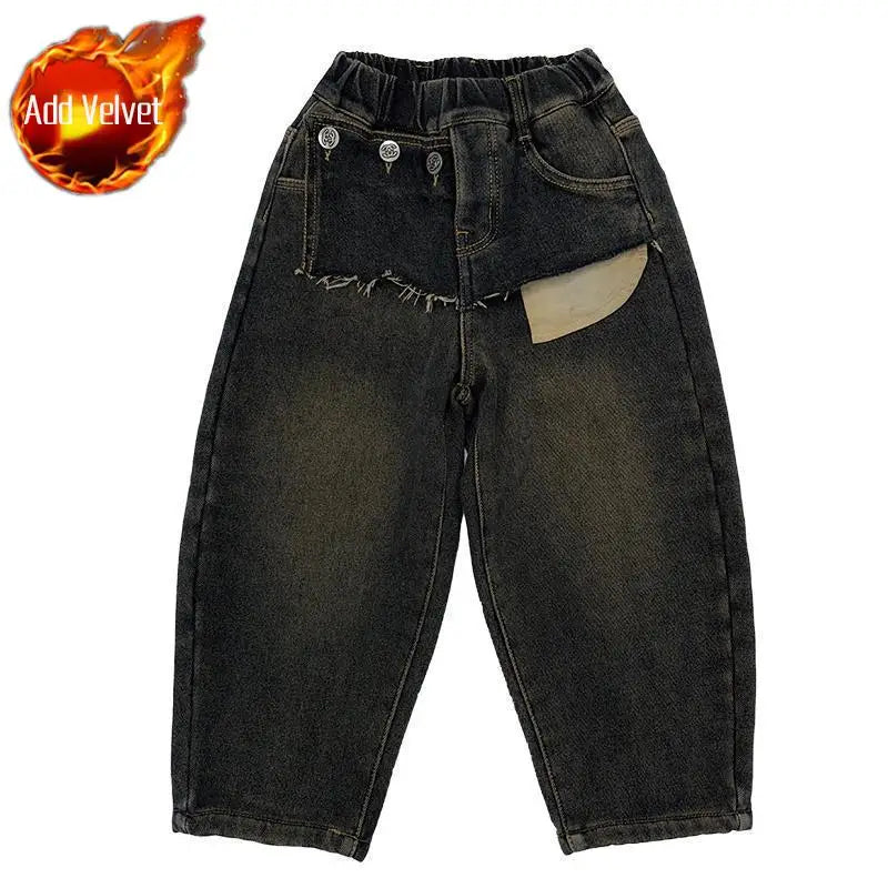 Boys' Autumn Winter Thermal Fleece-Lined Korean-style Patchwork Jeans - Thickened One-Piece Long Pants Spring Autumn New