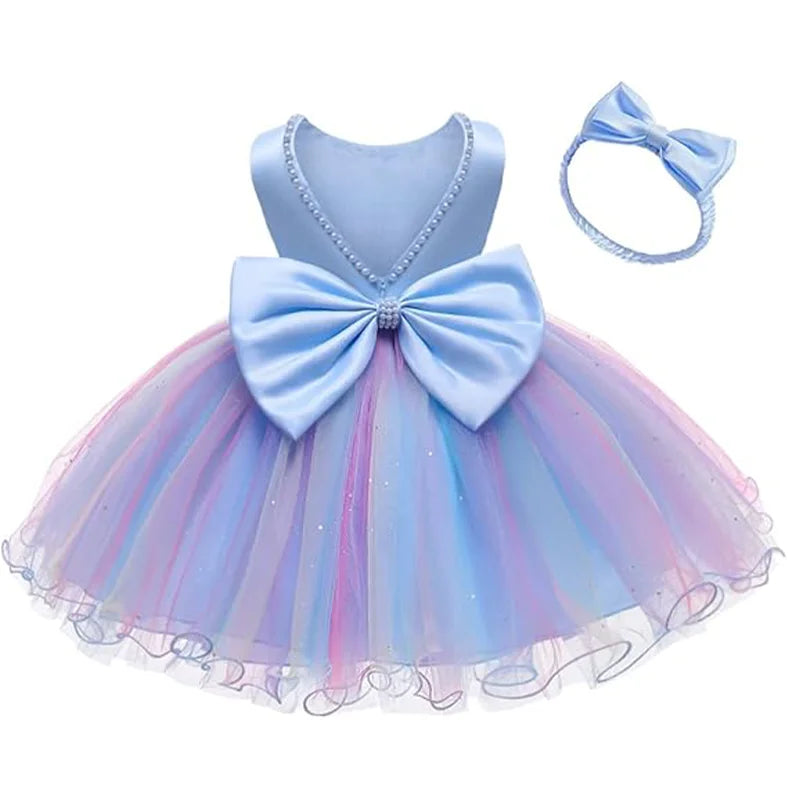 Infant Baby Tulle Backless Pageant Wedding Party Flower Girls Big Bow Dress With Headwear For Toddler Baptism Birthday Prom Gown