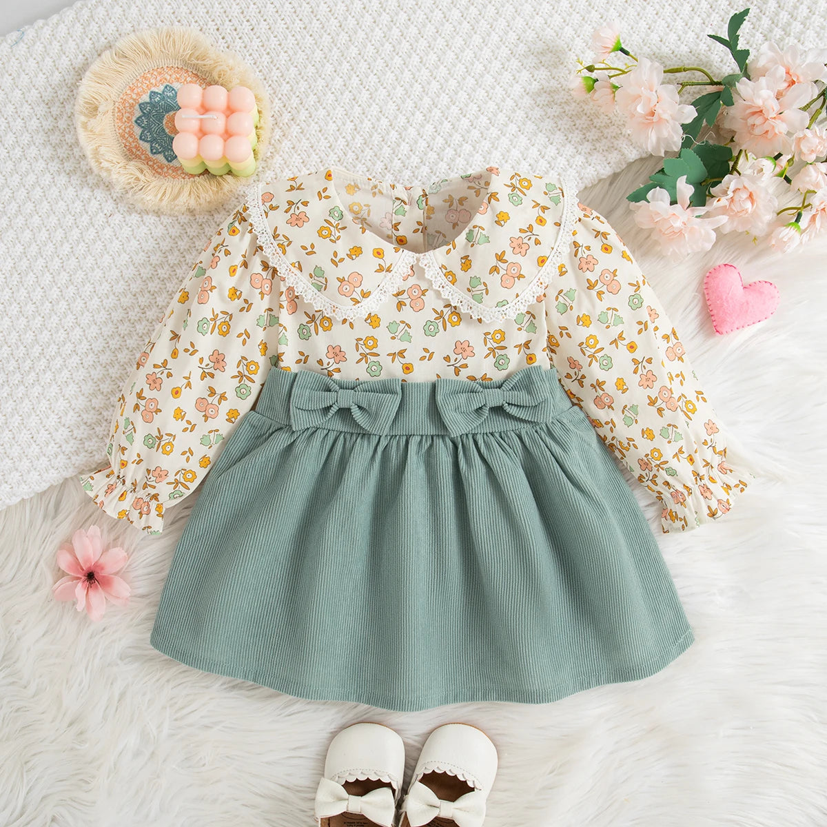 Spring And Autumn New Floral Long Sleeve Baby Girl Dress, Sweet Bow Fake Two Children'S Clothes (9 Months -3 Years Old)