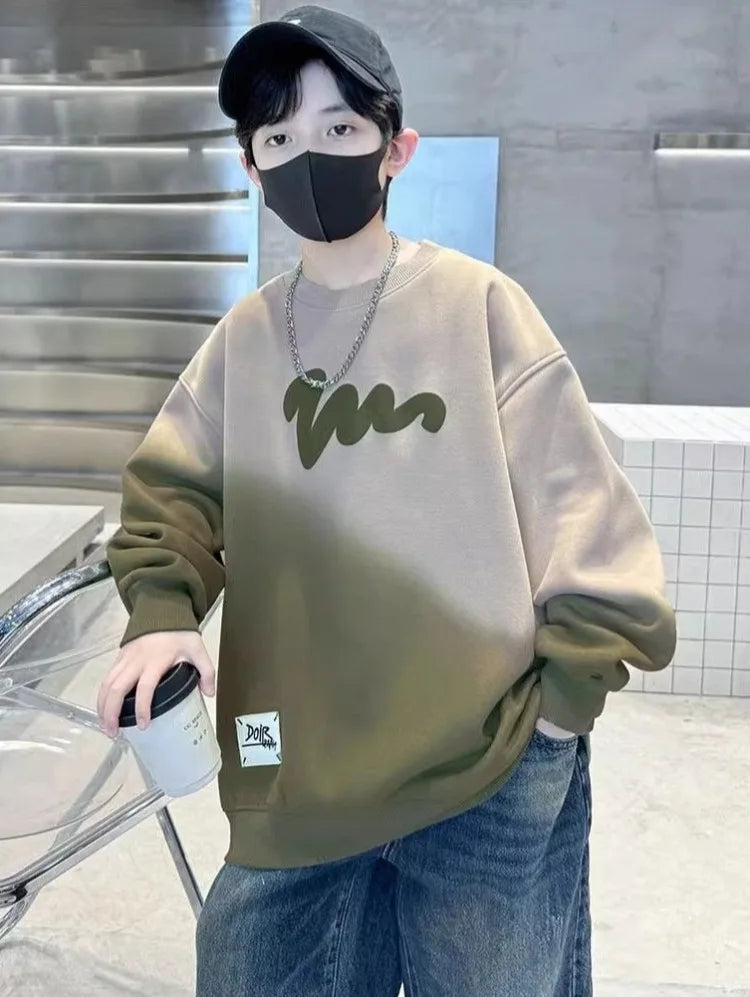 Boys' Medium-Large 2025 Autumn/Winter Trendy Fleece-Lined & Thickened Warm Loose Fit No Hood Sweatshirt