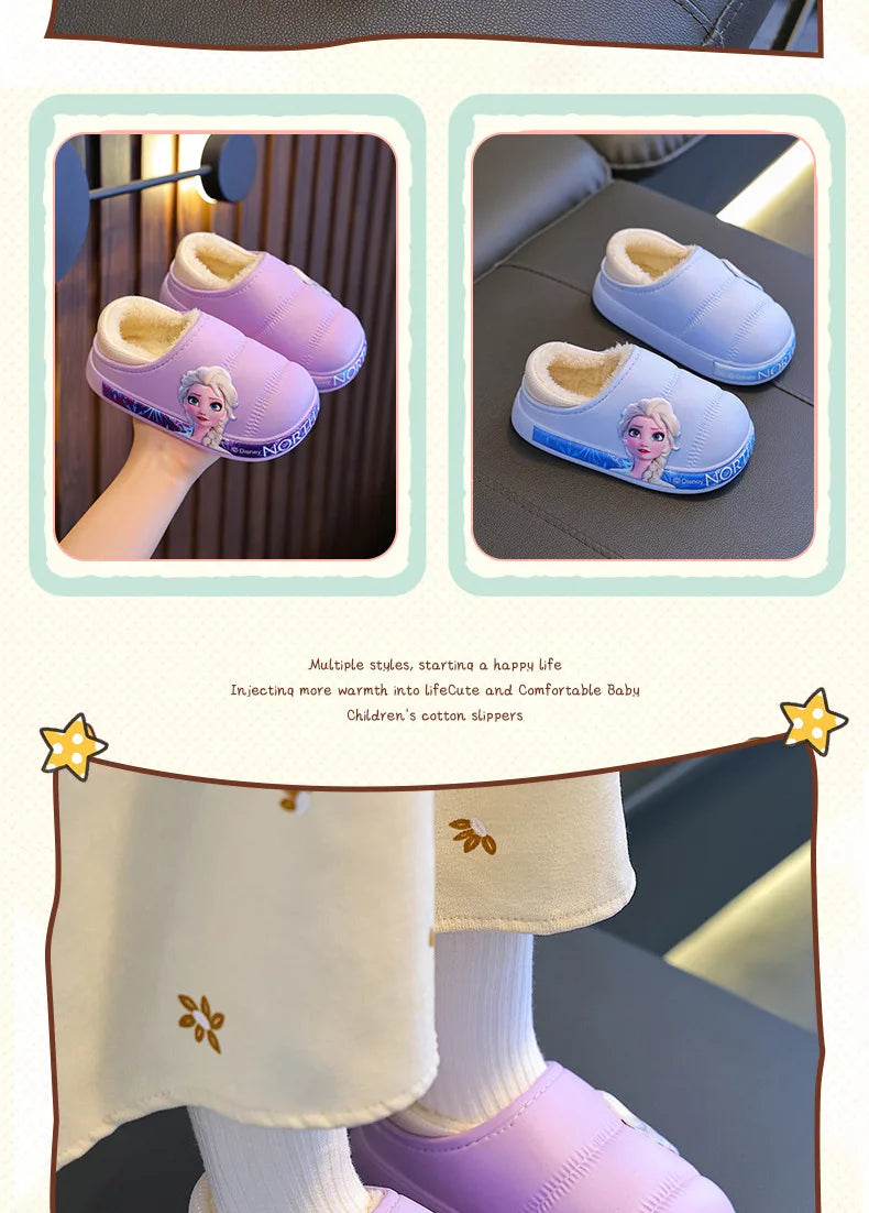 Disney Princess Elsa Girls' Cotton Frozen Winter Waterproof Wool Slippers Cartoon Parent Children's Blue Slippers Size 24-36