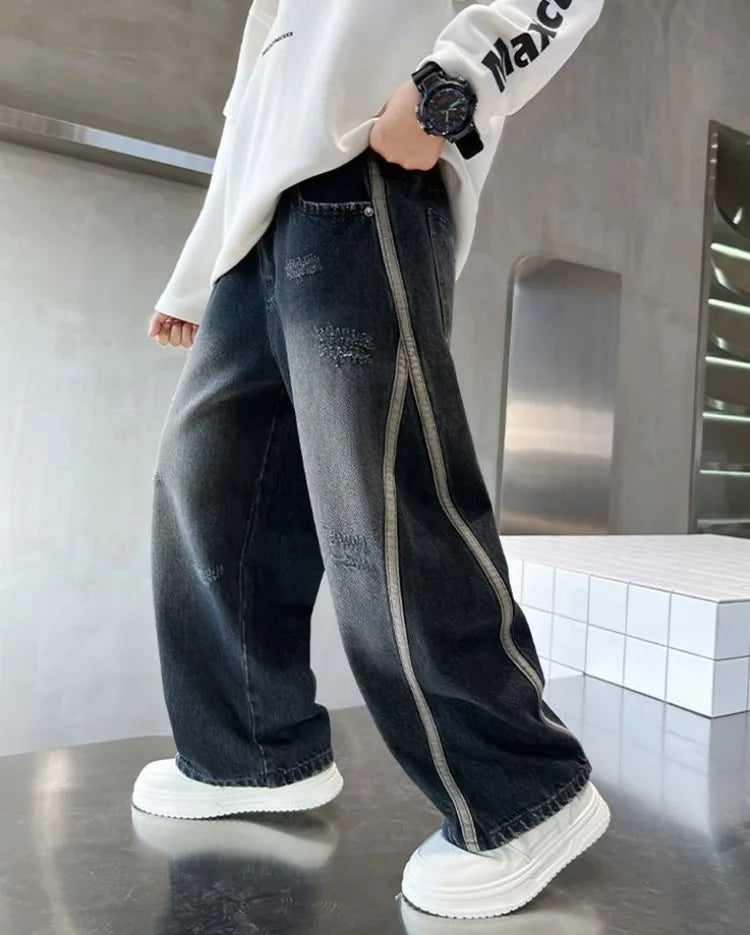 2025 New Boys Straight Jeans Big & Tall Kids Autumn Winter Denim Pants Boys Long Jeans