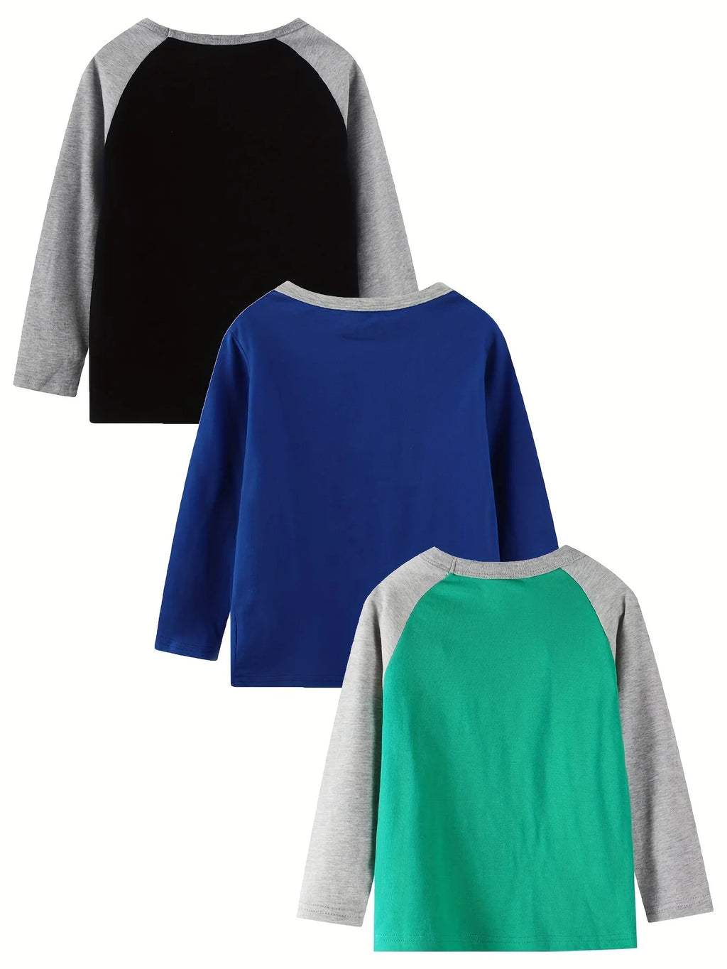 Three-piece set of boys' long-sleeved round-neck pure cotton T-shirts with cartoon car prints, suitable for outdoor leisure wear