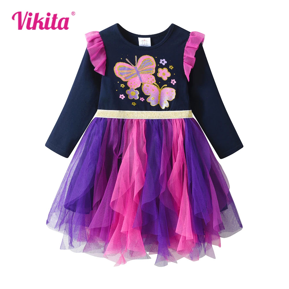 VIKITA Girls Autumn Spring Tutu Mesh Dress Kids Butterfly Flower Print Irregular Dresses Girl Birthday Party Princess Vestidos