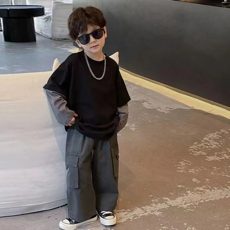 Fake Two Pieces Children's T-shirts Cartoon Fashion Boys Long Sleeve Tee Korean Clothes 2025 Top Clothing Boy T-shirt Kids Child