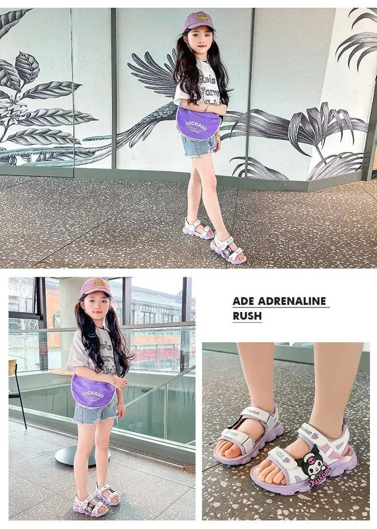 Summer Bestsellers Sanrio Kuromi's New Cute Color-blocked Flat Mesh Breathable and Anti-slip Cartoon Flip-flops for Girls