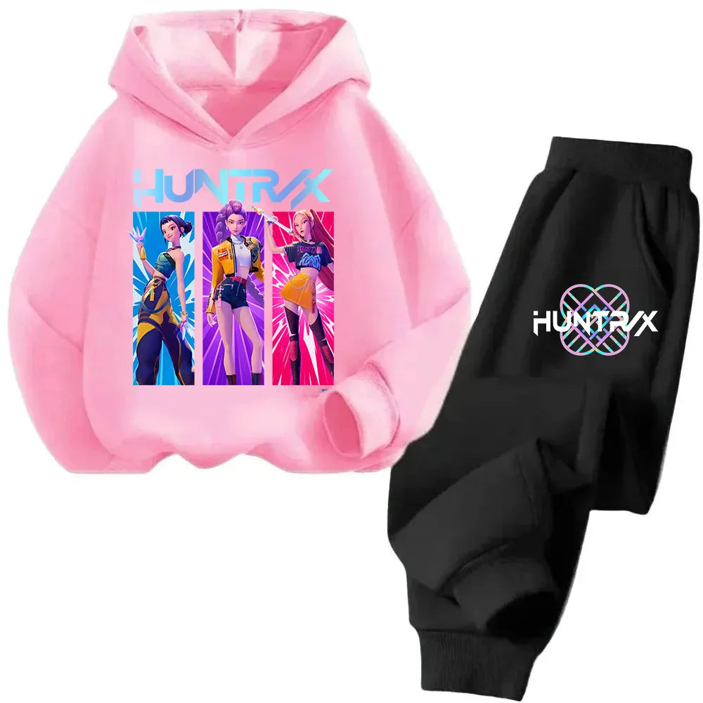Girls Clothing 2025 Hot KPop Demon Hunter Cartoon Girls Hooded Sweatshirt Sweatpants Set Warm Children's Fashion Casual Tops