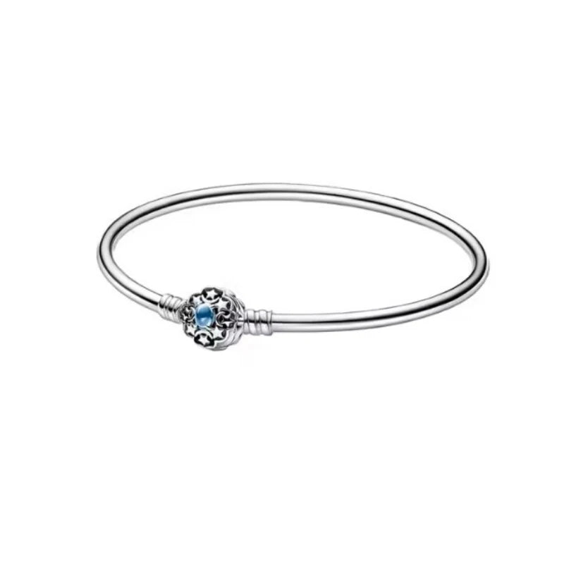 New 925Silver original 17-21CM Pearl Heart-Shaped Hard Ring Square Buckle Round Bracelet Fit for DIY Mini Birthday Jewelry Gifts