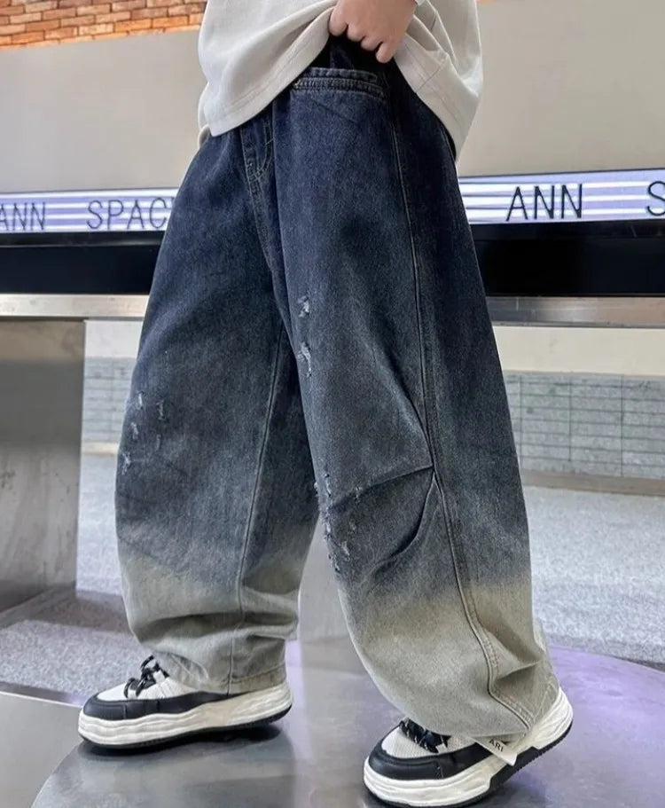 2025 New Boys' Gradient Denim Jeans Straight Leg Loose Fit Wide Pants for Kids Spring/Fall Casual Wear, Trendy & Stylish