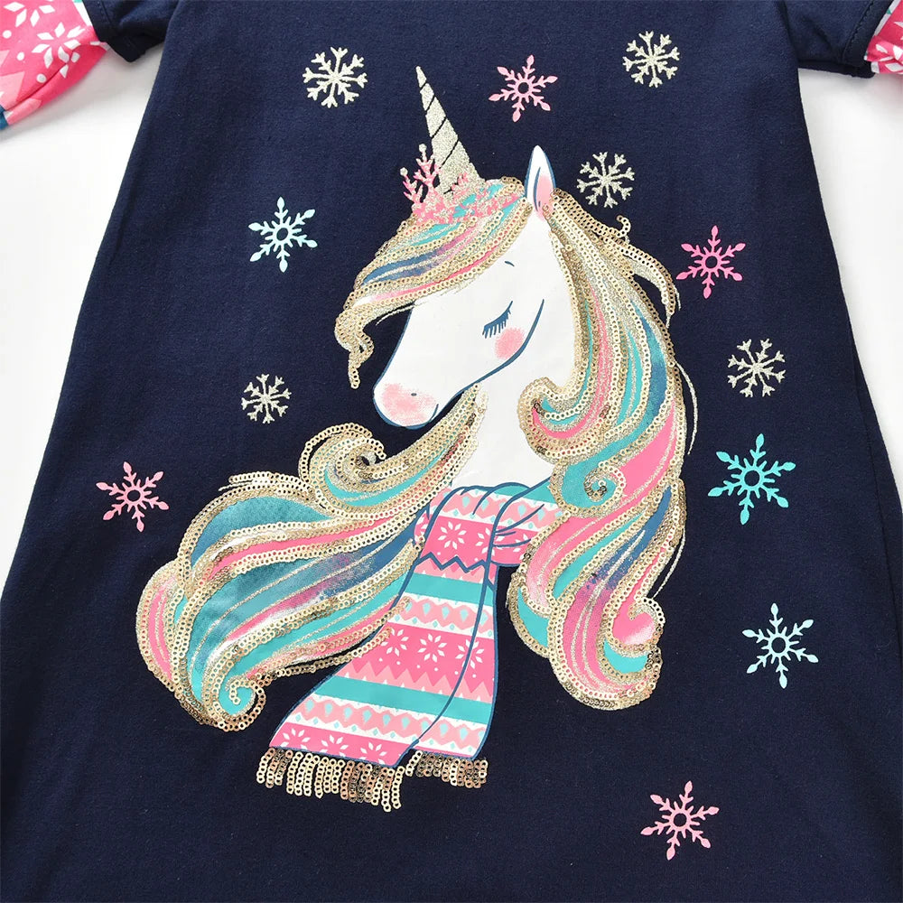 VIKITA Girls 2025 New Year Dress Kids Snowflakes Cartoon Christmas Xmas Cotton Casual Straight Dresses Gifts Children Clothing