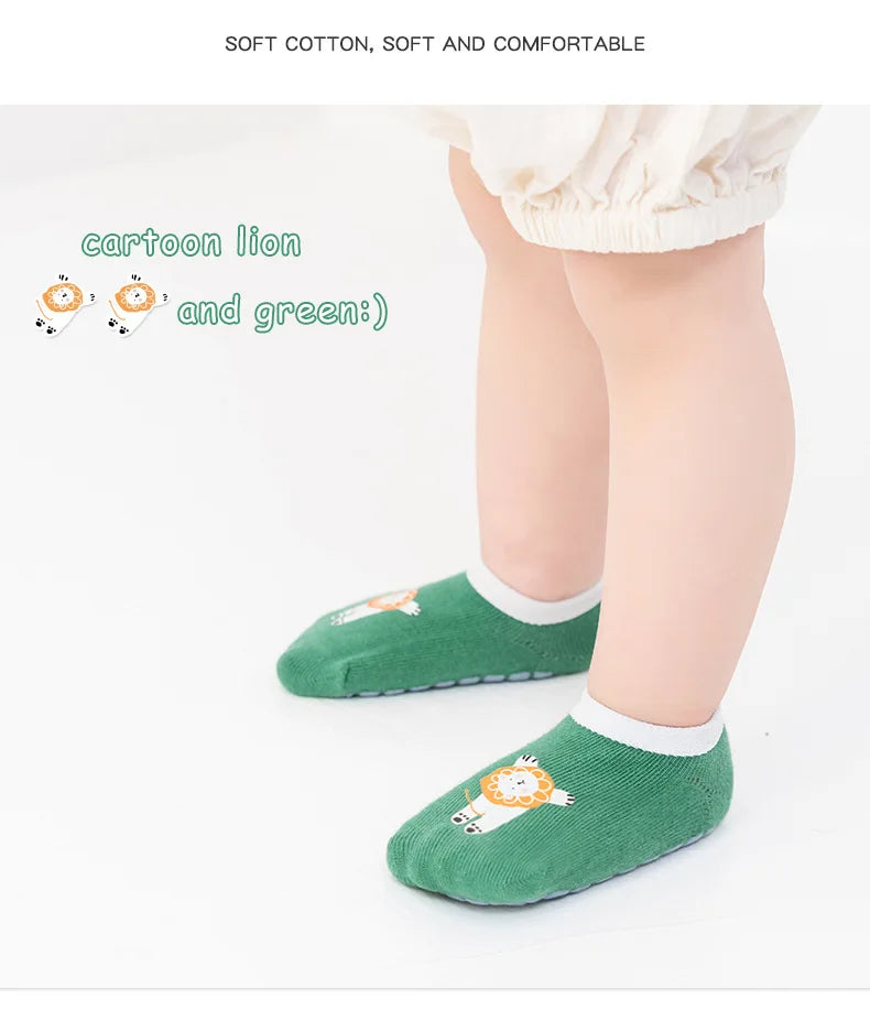 3Pairs Baby Non Slip Socks Cotton Casual Cartoon Print Boys Girls Toddler Floor Socks With Rubber Grips For 1-3Years