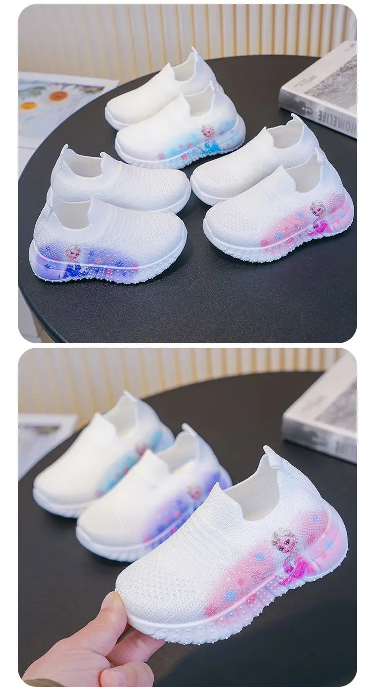 Disney Solid White Fashion Knitting Frozen Princess Elsa Children Casual Shoes Kids' Light Breathable Stretch Socks Sneakers Siz
