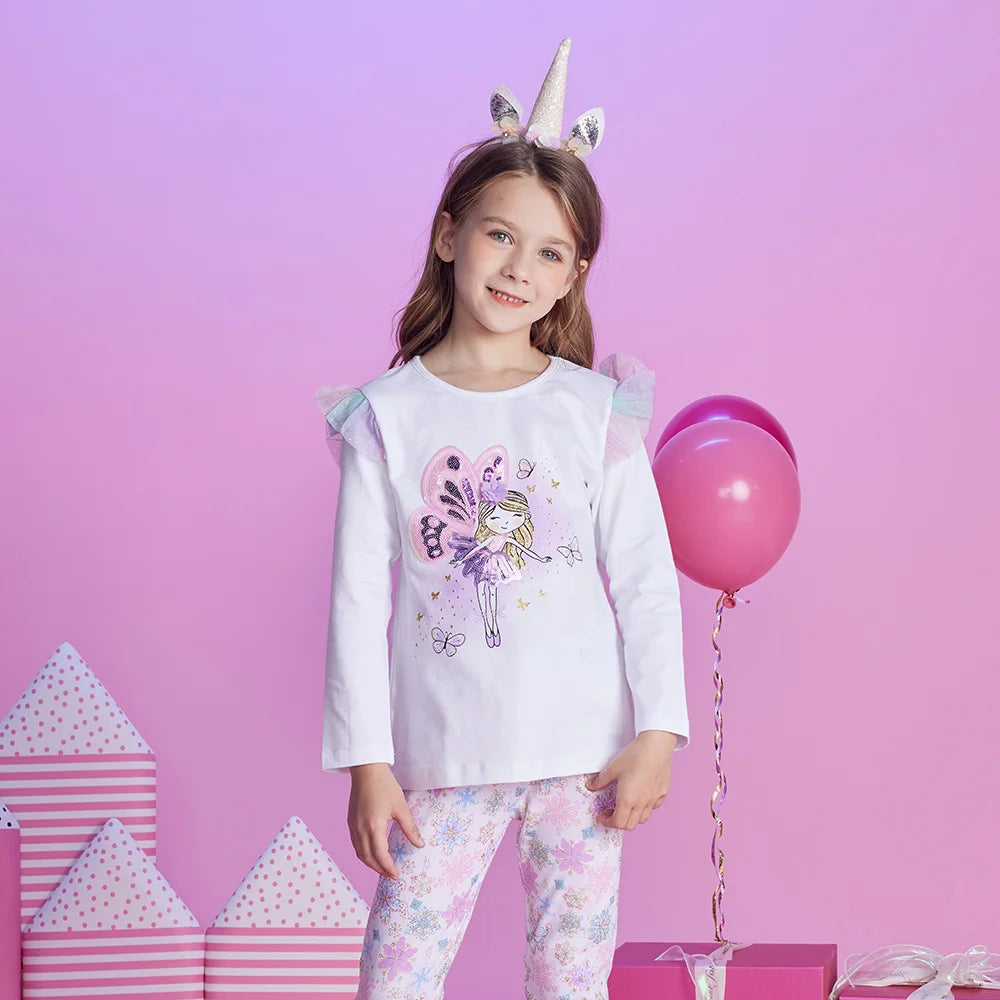 VIKITA Kinder Baumwoll-Freizeit-Tops und T-Shirts für Kleinkinder, Elfen-Cartoon, weißes T-Shirt mit ausgestellten Ärmeln, Herbst/Frühling, Größe 10-12 Jahre