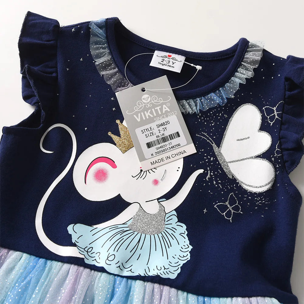 VIKITA Kids Patchwork Dress Cartoon Print Mesh Dress Girls Sparkly Glittery Summer Sleeveless Princess Birthday Party Prom Gown