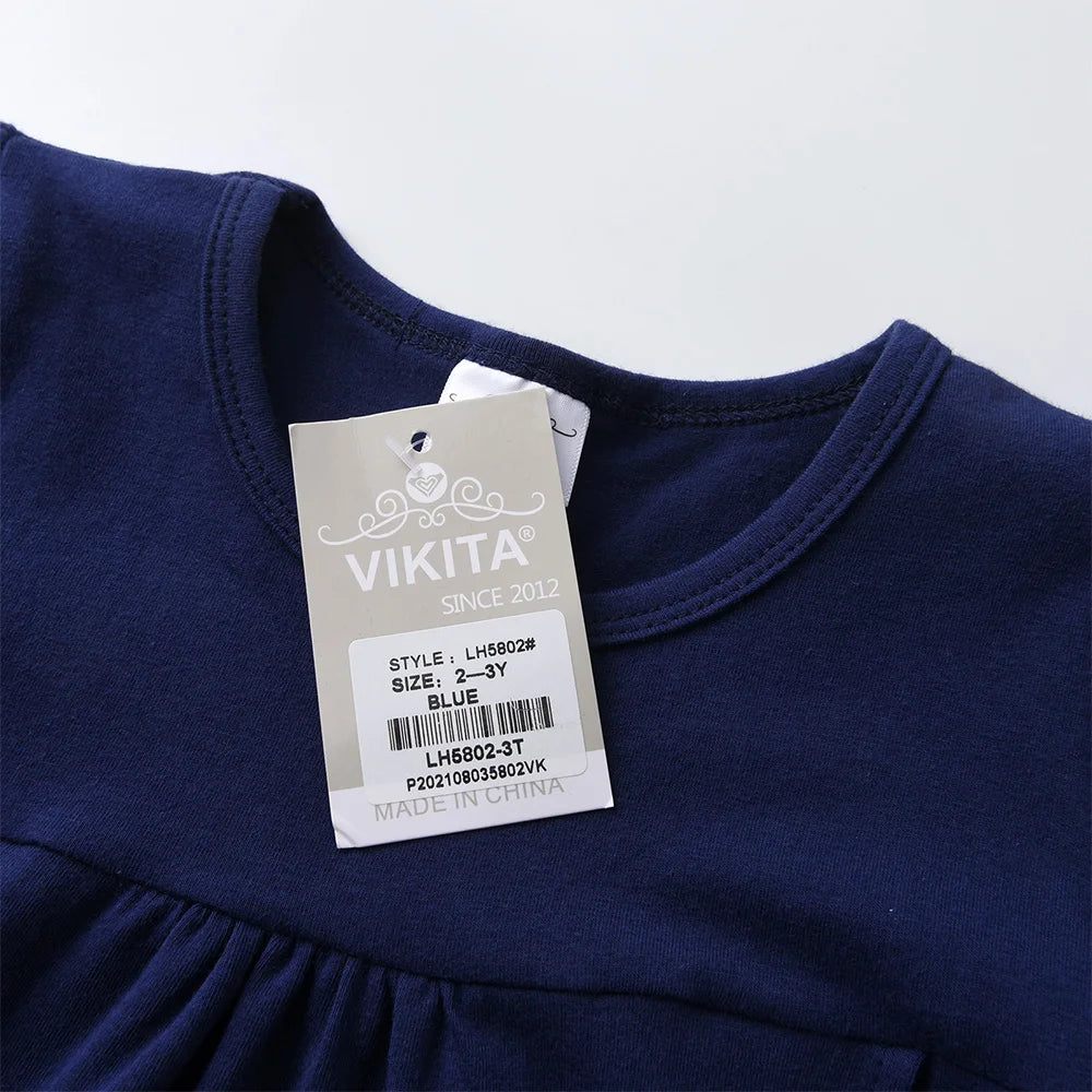 VIKITA Girls Flower Print Dress Kids Autumn Spring Long Dress with Pockets Girls Rainbow Striped Cotton Casaul Straight Dresses