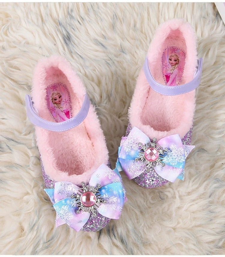 Disney Elsa Girls' High Heel Bowknot Blue Pink Fashion Children's Girl Crystal Princess Warm Winter Shoes Gift Size 23-36