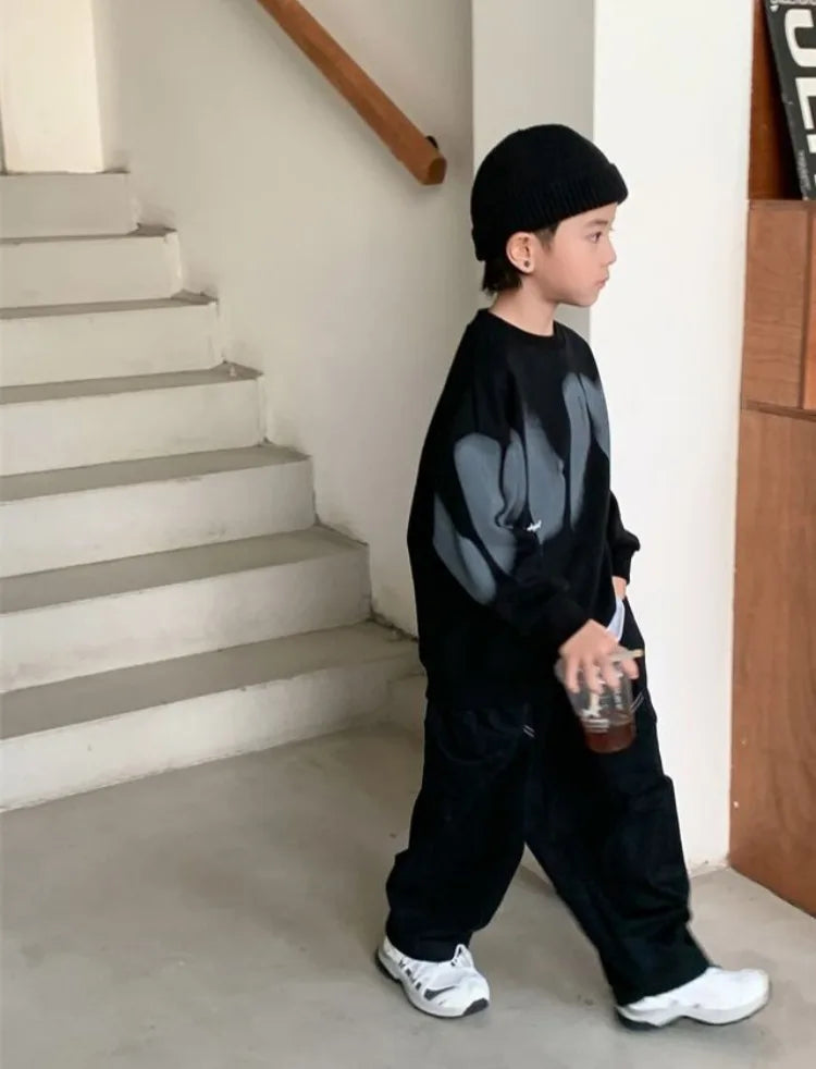 Boys' Medium To Large 2025 New Arrival No Hood Crewneck Spring/Autumn Trendy Street Style Kids Sweatshirt