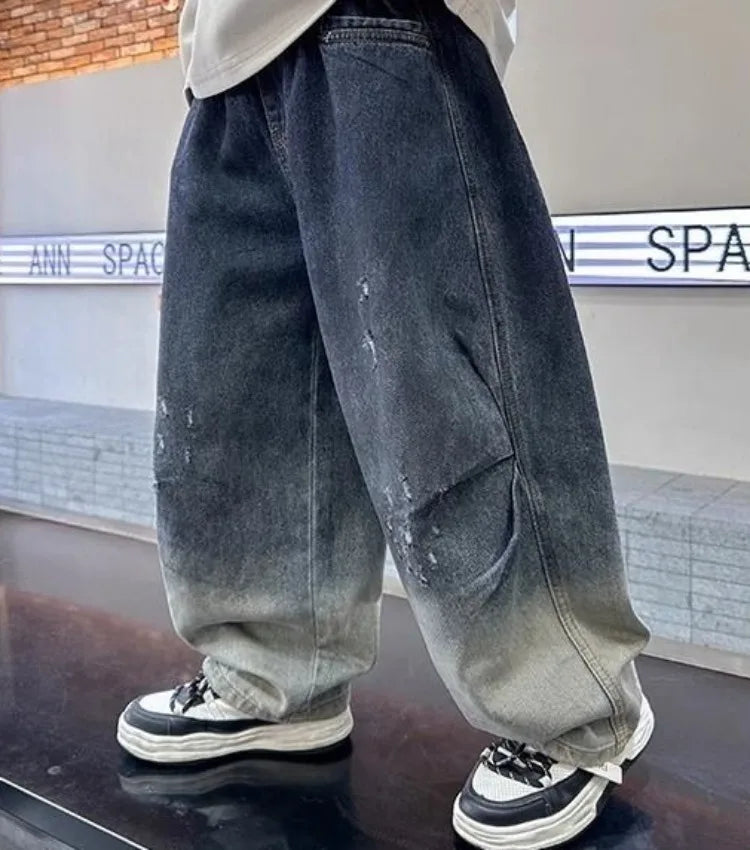 2025 New Boys' Gradient Denim Jeans Straight Leg Loose Fit Wide Pants for Kids Spring/Fall Casual Wear, Trendy & Stylish