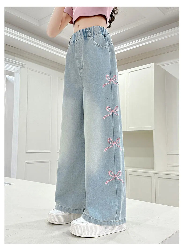 Girls' side pink bow embroidered wide-leg pants 2025 summer thin style slim straight pants suitable for outdoor 5-15 years old